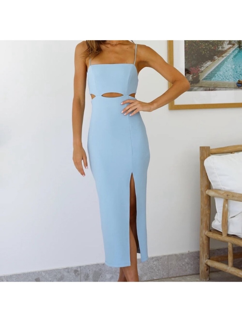 Hello Molly Pale Blue Cutout Midi Dress with Front Slit